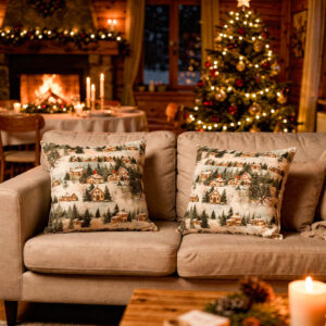 Kış Temalı Karlı Kent Desenli Kırlent Kılıfı 2'li Fermuarlı