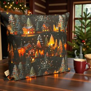 Kış Temalı Işıklı Evler Desenli Kırlent Kılıfı 2'li Fermuarlı