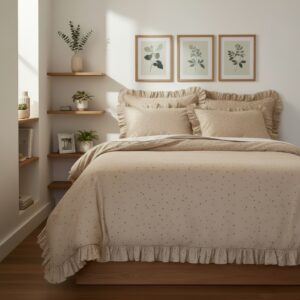 Sevgililer Günü Çift Kişilik Nevresim Seti Minimal Kalp Desenli Fırfırlı 4 Parça %100 Pamuk