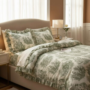 Çift Kişilik Fırfırlı Nevresim Seti Fransız Toile De jouy Desenli 4 Parça