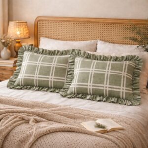 %100 Organik Pamuk Fırfırlı Yastık Kılıfı Seti – 2’li 50x70 cm Ekose