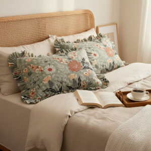 %100 Pamuk Fırfırlı Yastık Kılıfı 2’li Set Çiçek Temalı