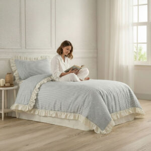 Tek Kişilik Nevresim Seti İpliği Boyalı Doğal Pamuk&Tencel Fırfırlı Nature Village Collection 4 Parça